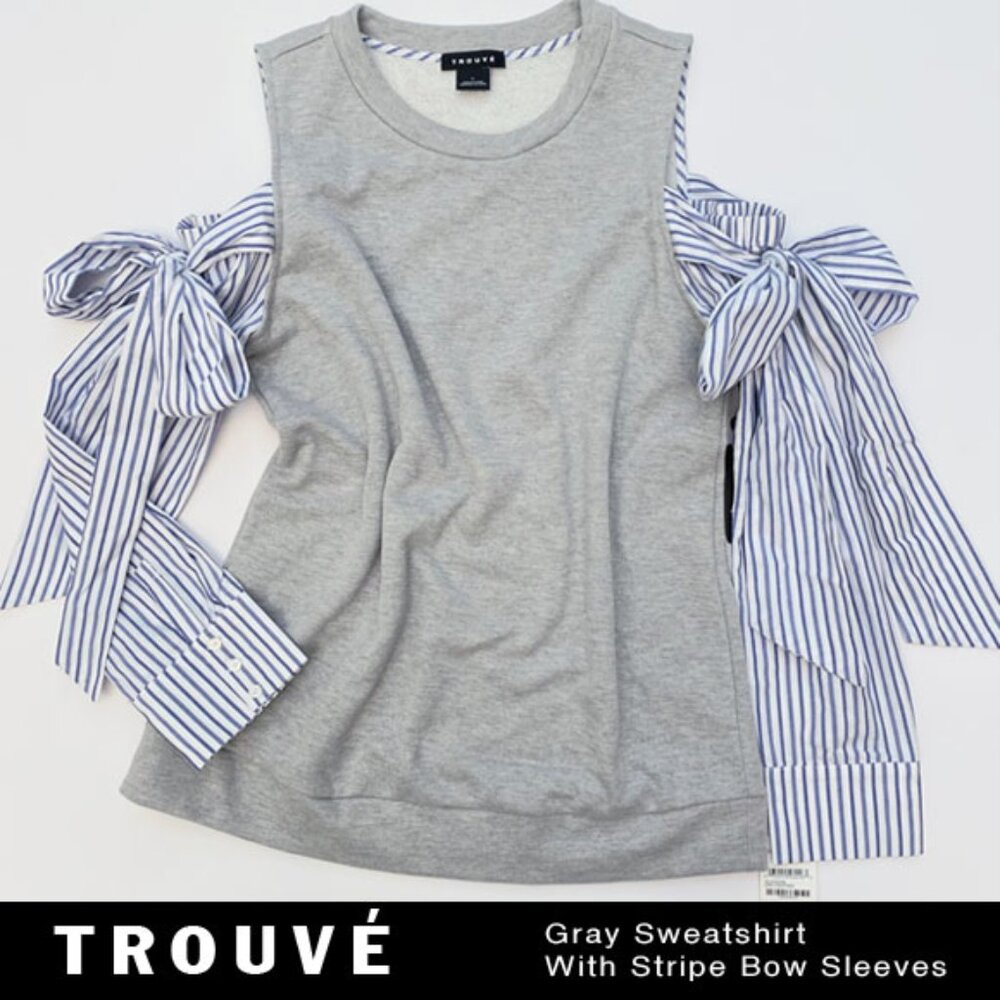 Trouvé Gray Heather Sweatshirt With White & Blue Stripe Bow Sleeves Size L